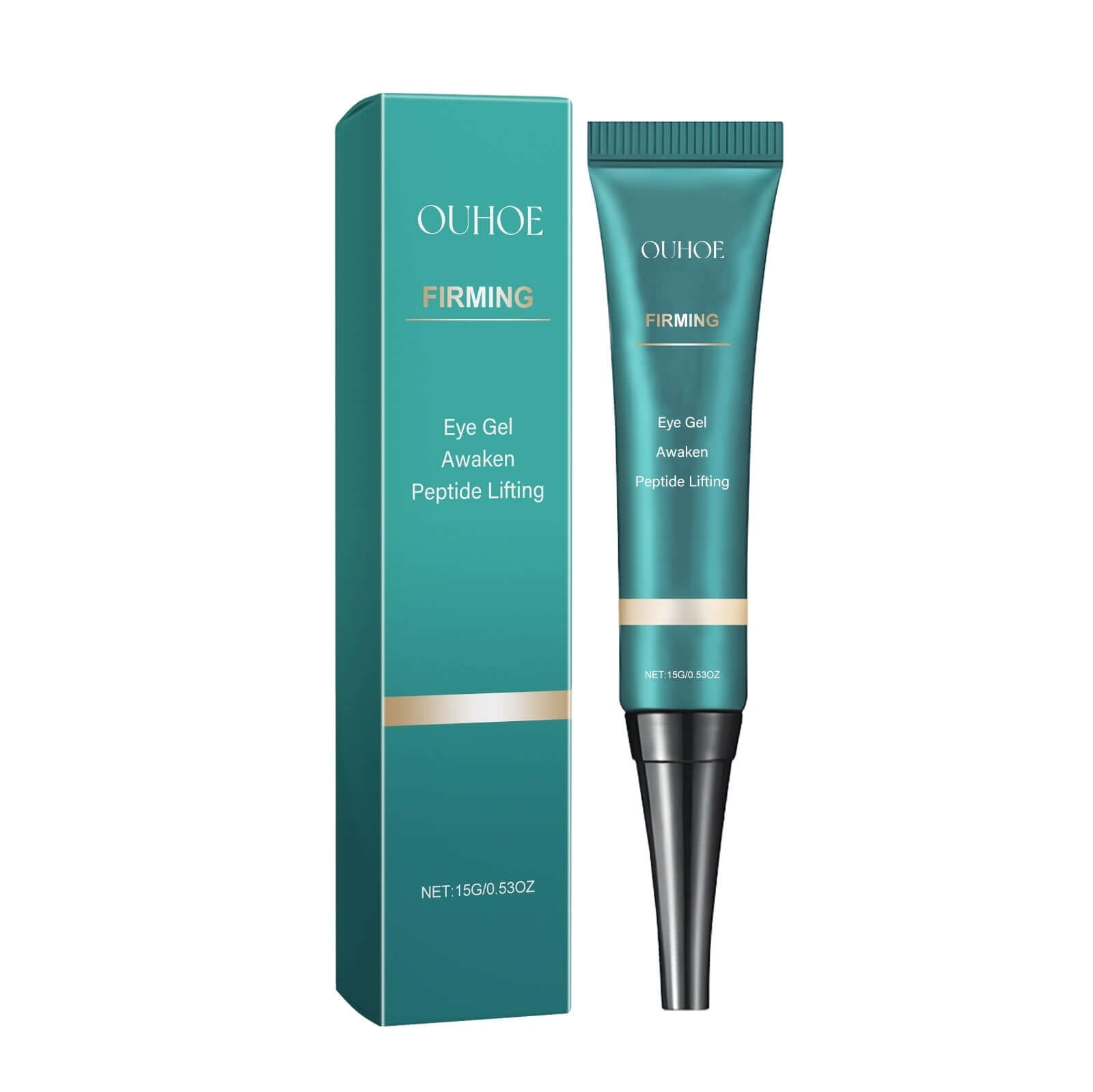 Firming eye gel by OUHOE in teal packaging, designed for peptide lifting and awakening tired eyes.