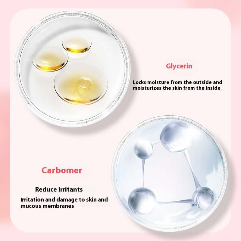Glycerin and Carbomer benefits for skin: hydration and irritation reduction, displayed in circular dishes.