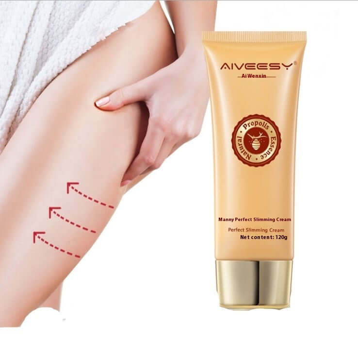 AIVEESY slimming cream shown on thigh with application instructions, promoting body lifting and fat burning.