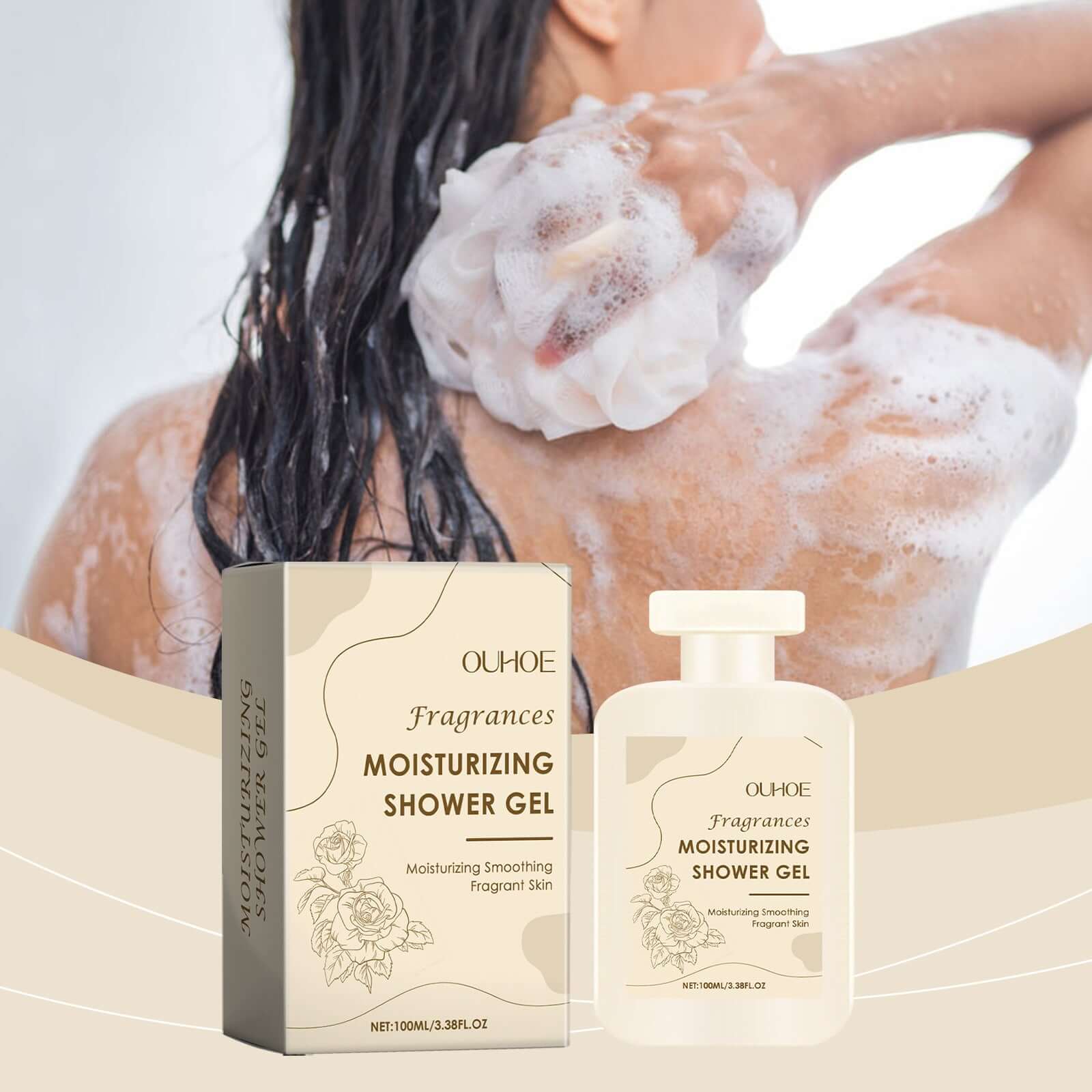 Perfume Moisturizing Body Wash shower gel in packaging, demonstrating its moisturizing effect on skin.