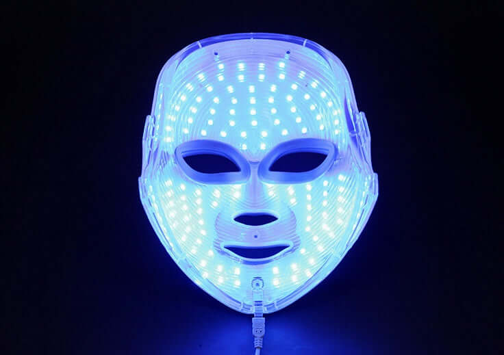 Photon skin rejuvenation LED mask in blue, suitable for home use, enhancing skin care for ages 16-60.