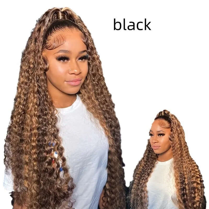 Long curly black lace wig, showing natural texture and style, versatile for any occasion.