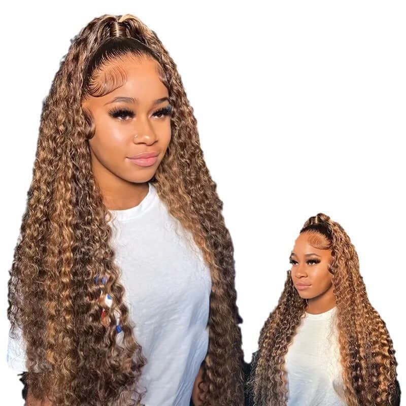 Long curly front lace wig in piano color, styled for any face type, suitable for various skin tones.