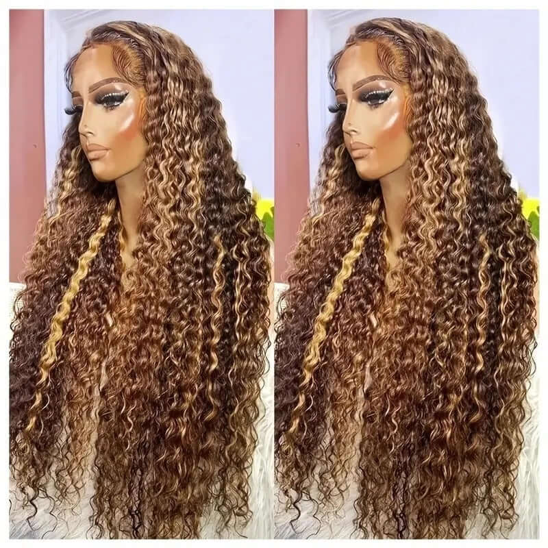 Long curly hair front lace wig in piano color, suitable for any face type and skin tone.