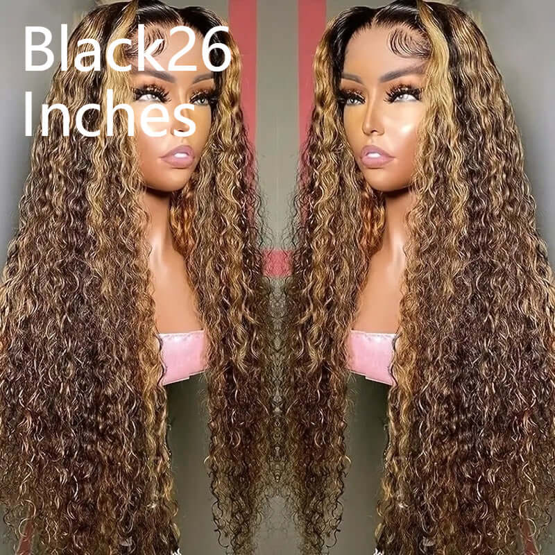 Long curly black lace wig featuring blended piano color, perfect for all skin types and face shapes.