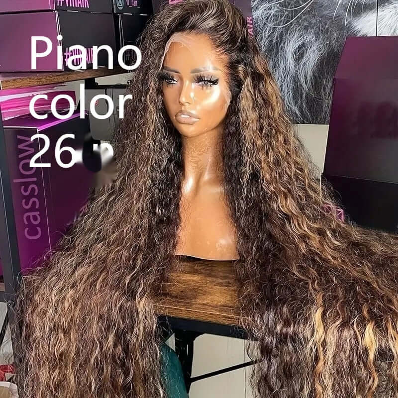 Long curly front lace wig in piano color, ideal for all face types and skin tones, available in 26 inches.