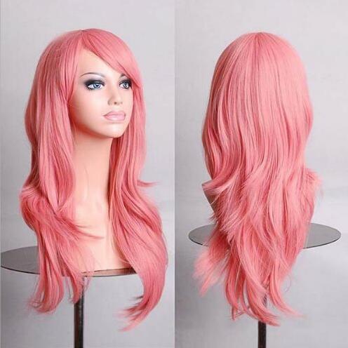 Pink long scroll anime cosplay wig displayed on a mannequin, showcasing sleek hair and vibrant color, perfect for cosplay events.