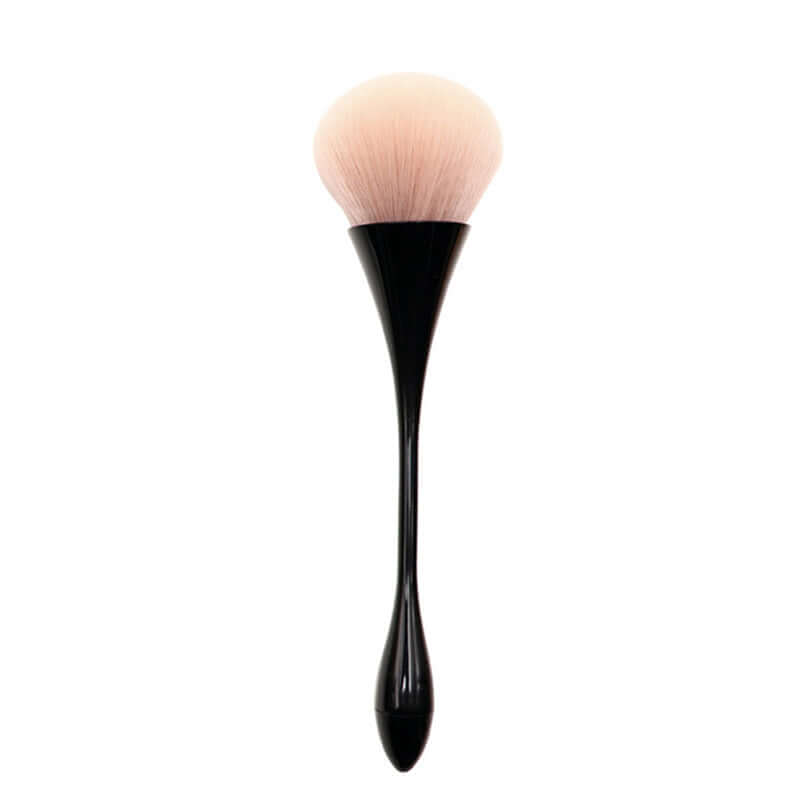 Professional makeup brush with soft pink bristles and sleek black handle for flawless application.