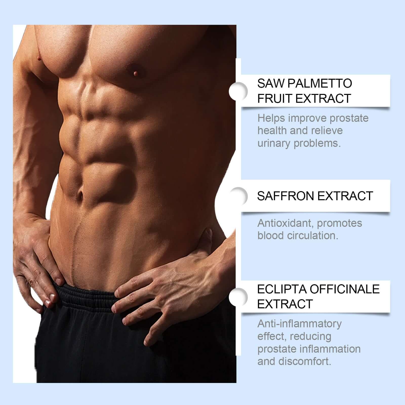 Prostate cream benefits with saw palmetto, saffron, and Eclipta extracts for health and comfort.