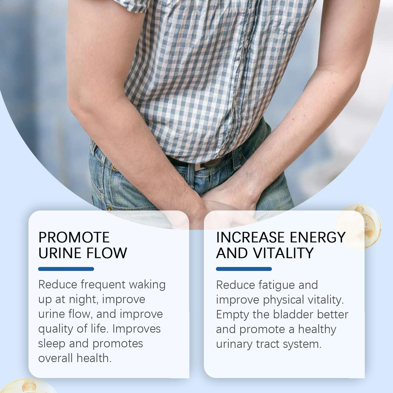 Prostate cream benefits: promotes urine flow, increases energy, improves sleep and overall health, featuring a man in casual attire.