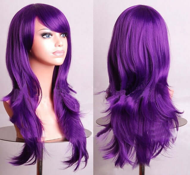 Purple long wig on a mannequin showing both front and back views, ideal for anime cosplay and costume events.