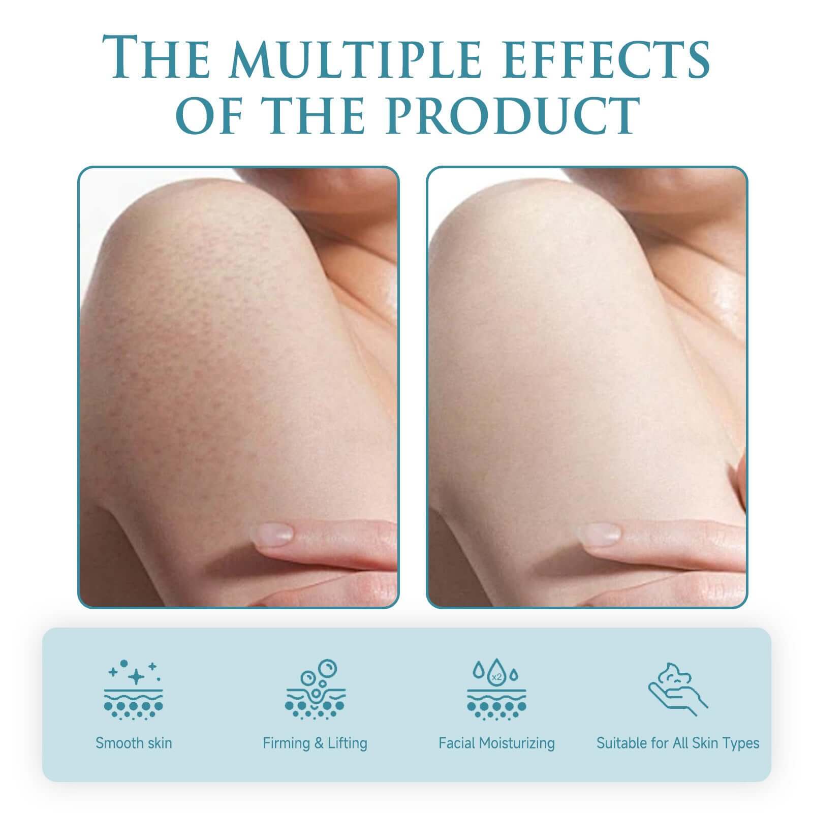 Before and after images showing skin smoothness, firmness, and hydration benefits of the moisturizer.