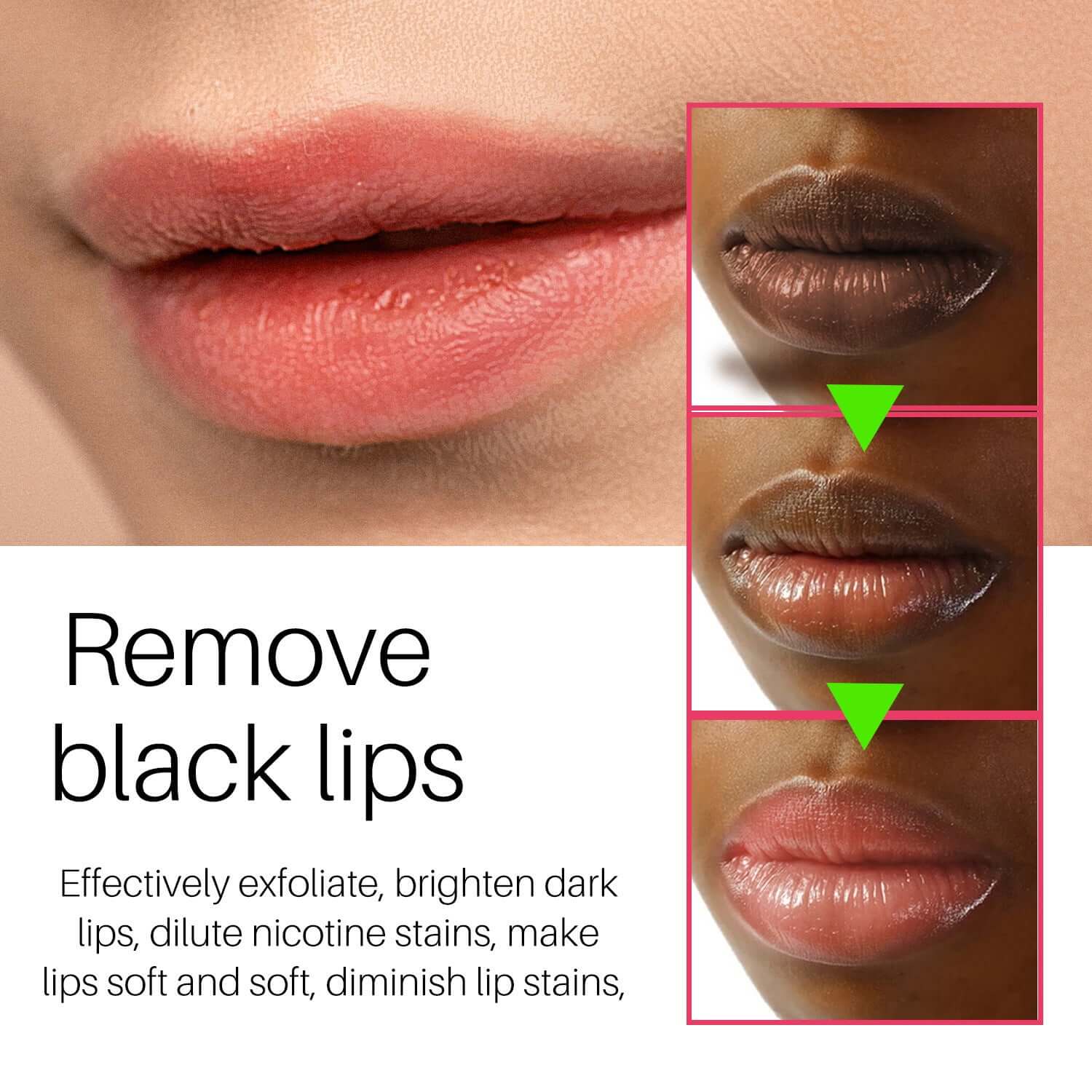 Before and after images showcasing effectiveness of lip scrub for exfoliating and brightening dark lips.