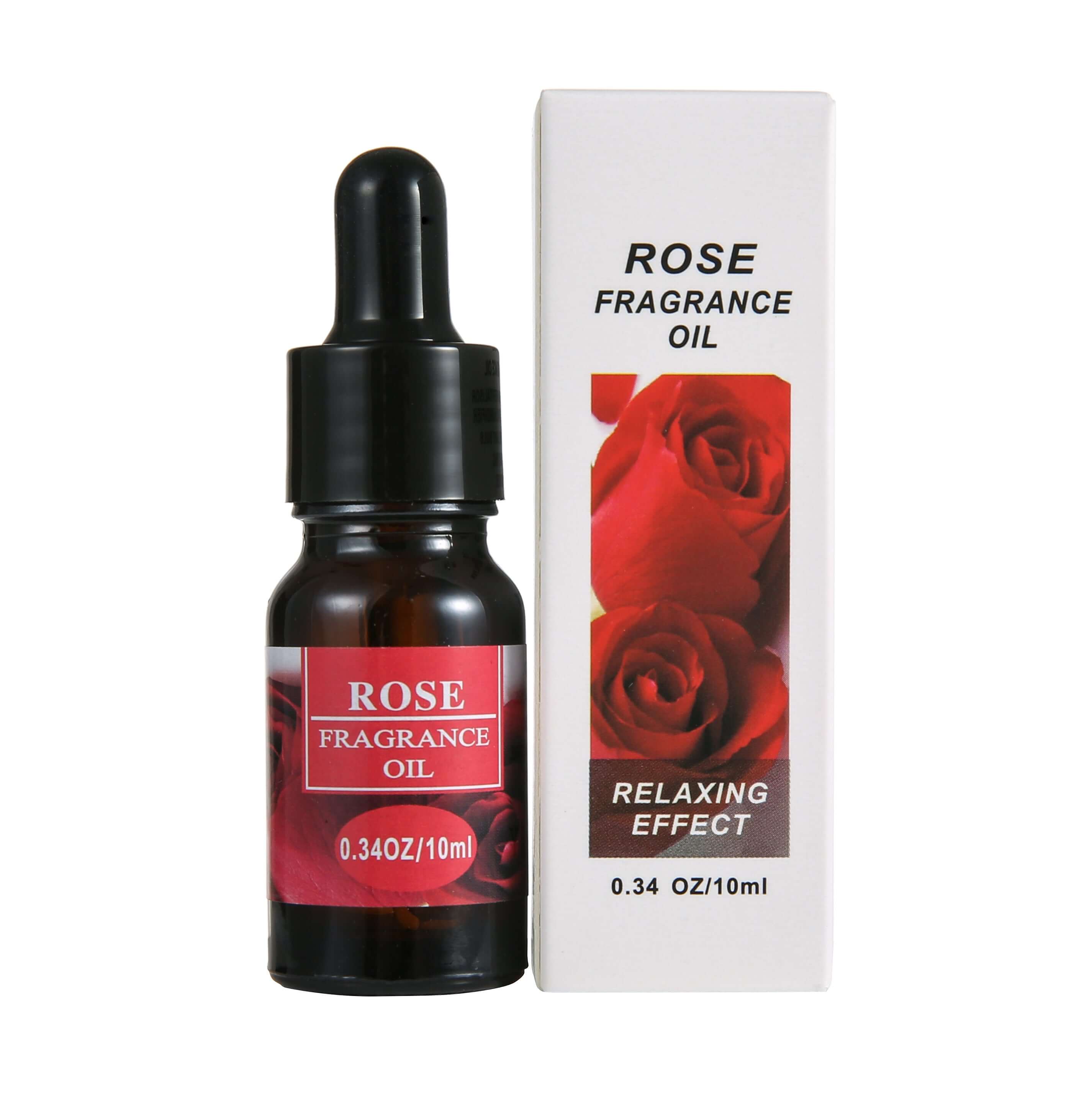 Rose fragrance oil bottle with dropper for relaxing aromatherapy, 10ml size, enhances emotional stability.