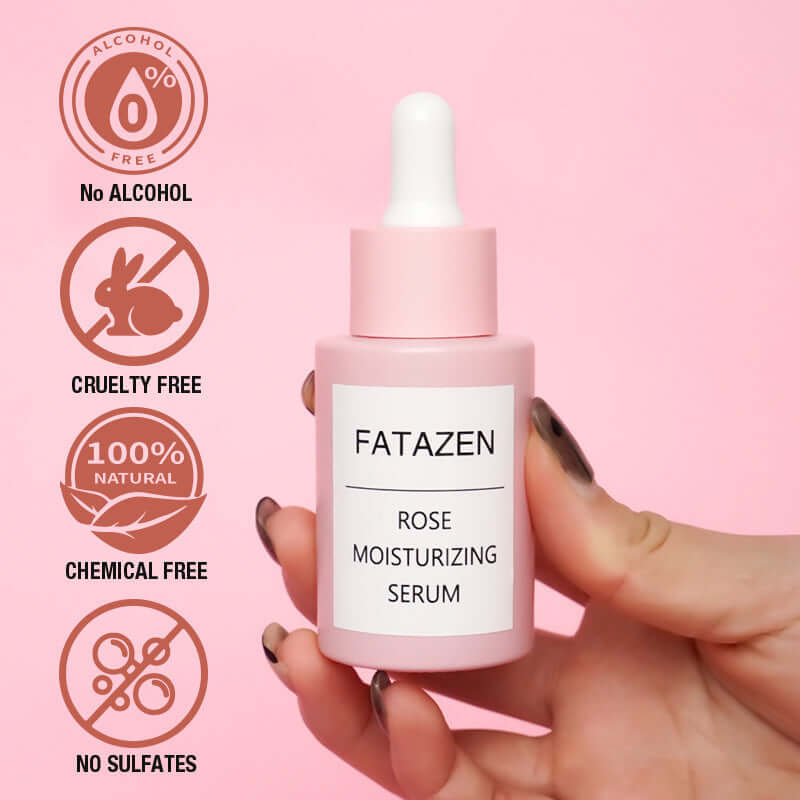 Fatazen Rose Moisturizing Serum in a pink bottle, featuring cruelty-free and natural product icons.