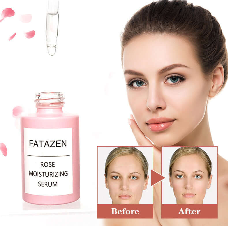 Fatazen Rose Moisturizing Serum 30ML with before and after facial treatment results. Ideal for all skin types.