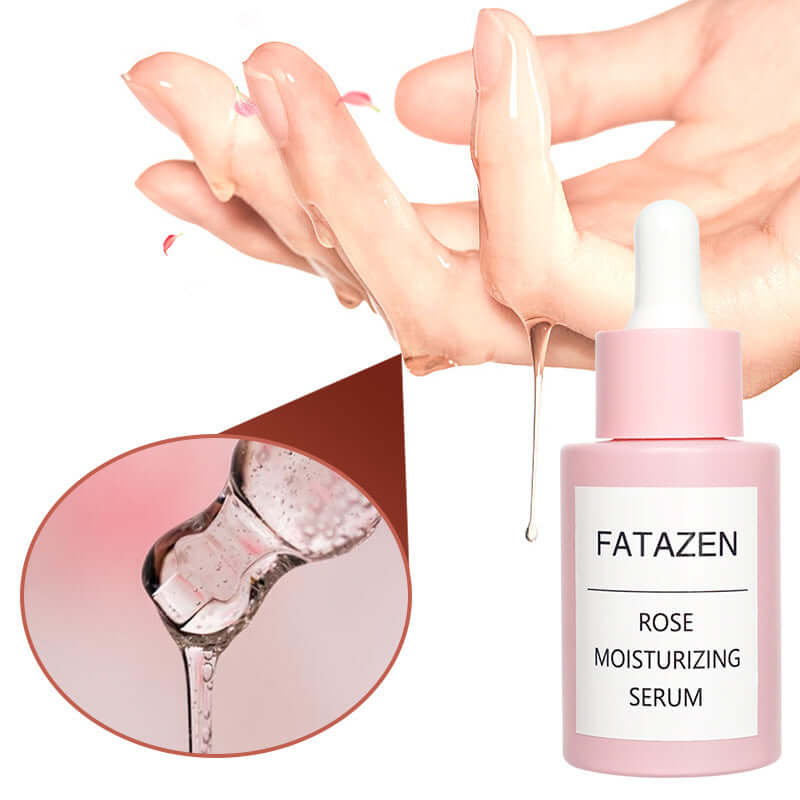 Fatazen Rose Moisturizing Serum being applied to a hand, highlighting its hydrating properties and texture.