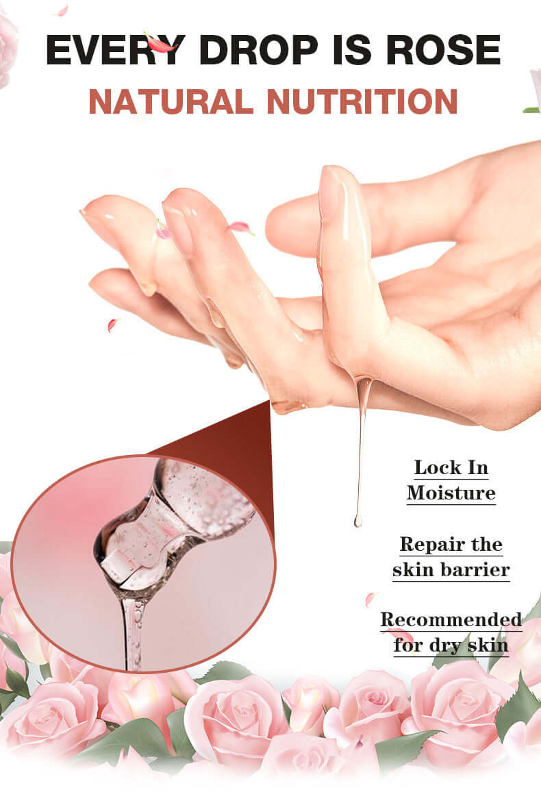 Rose moisturizing facial serum in hand, highlighting hydrating properties and benefits for dry skin.