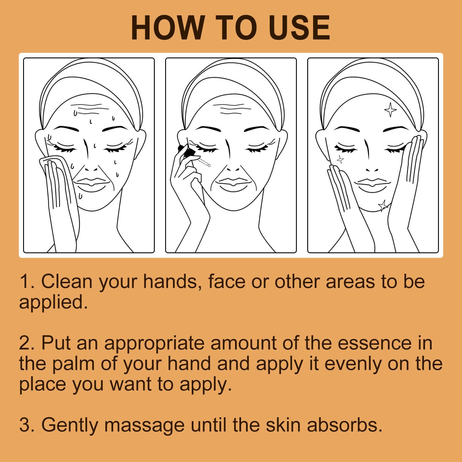 Instructions for using Shin Moisturizer: clean skin, apply essence evenly, massage until absorbed.