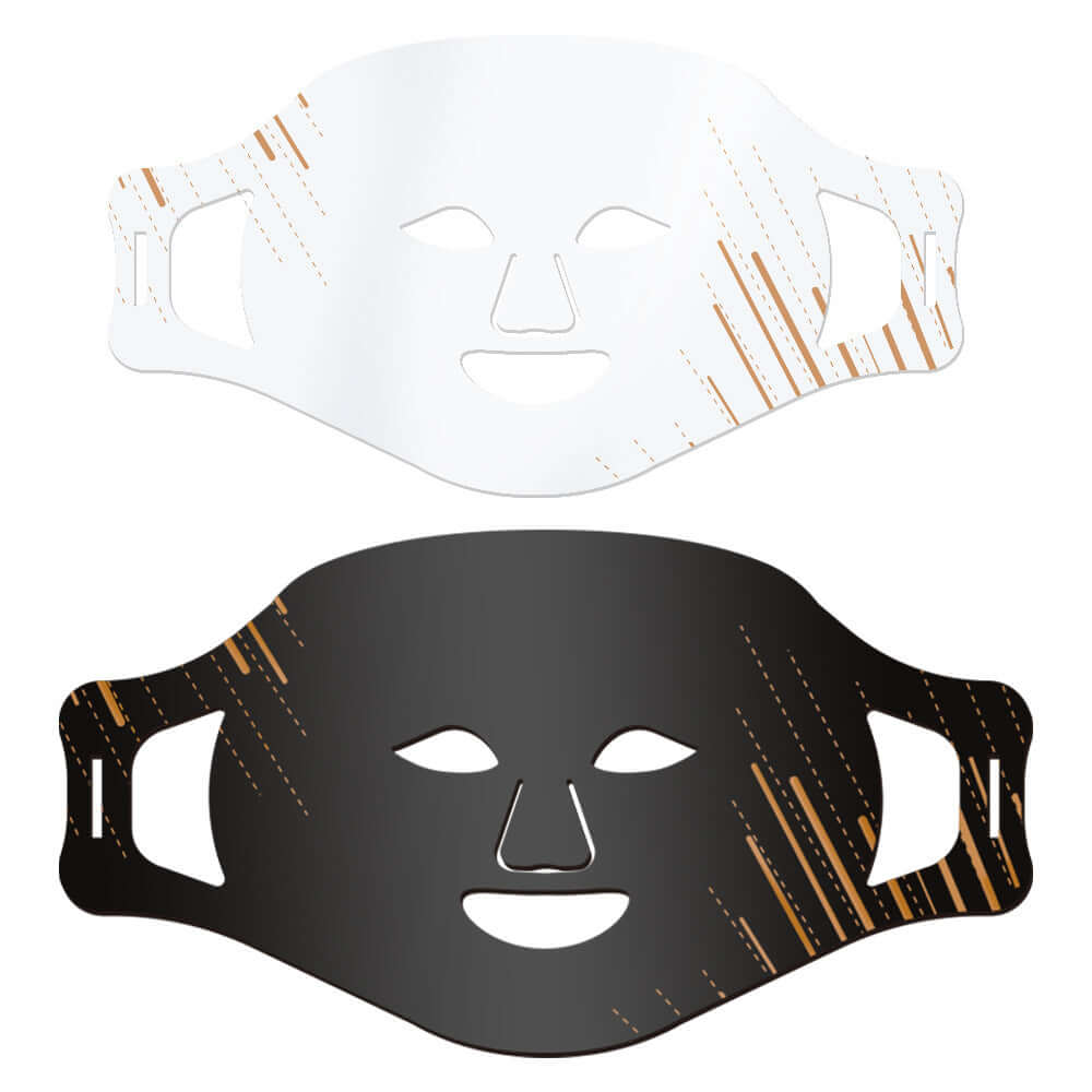 Silicone LED beauty mask for skin rejuvenation in white and black colors, designed for home use and wrinkle removal.