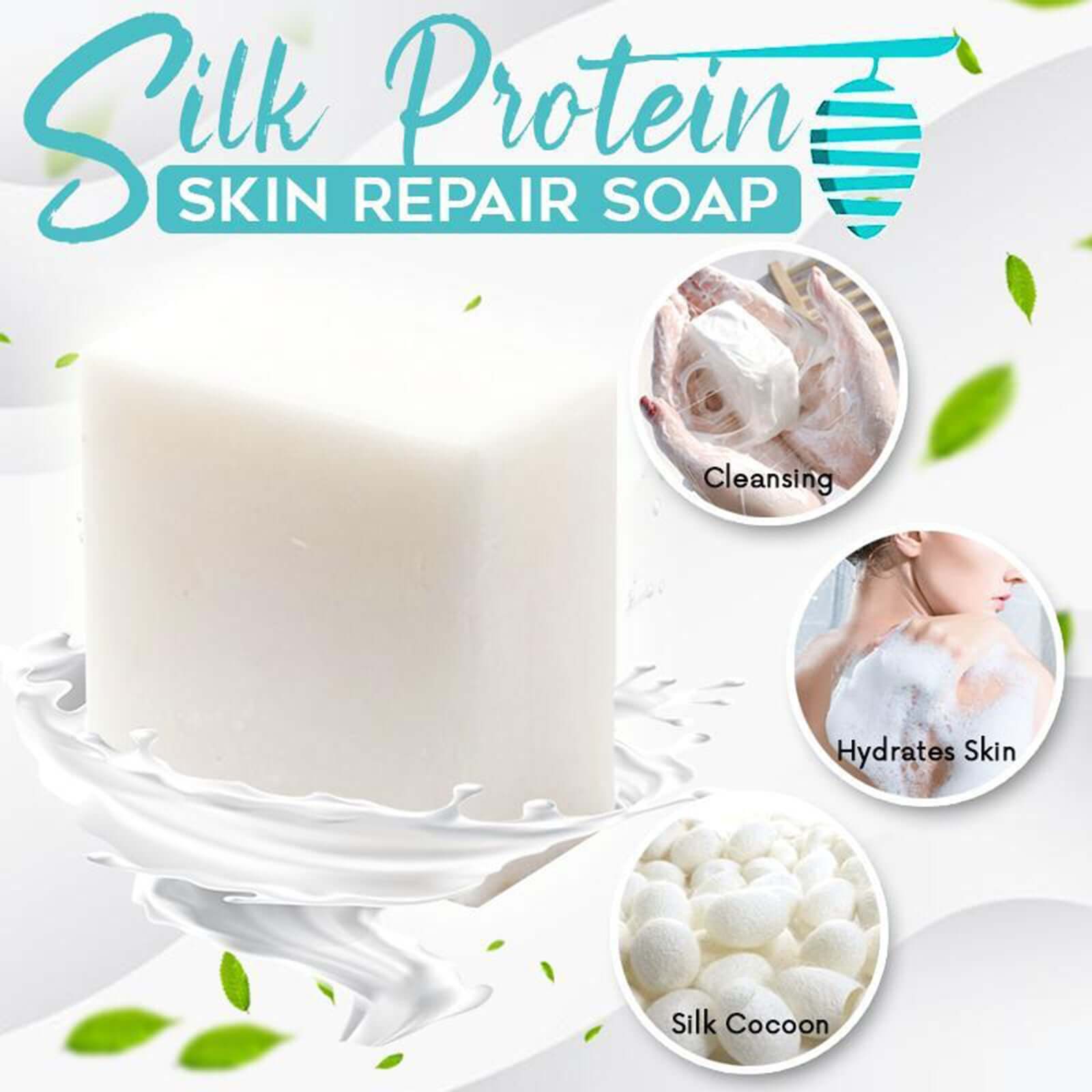 Natural goat milk cleansing soap with silk protein; hydrates, repairs skin, and promotes elasticity.