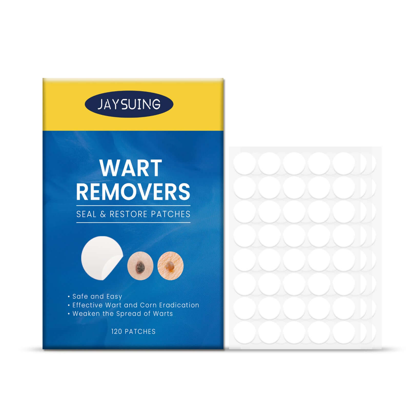JAYSUING wart remover patches in packaging with 120 seal and restore patches for effective wart and corn treatment.