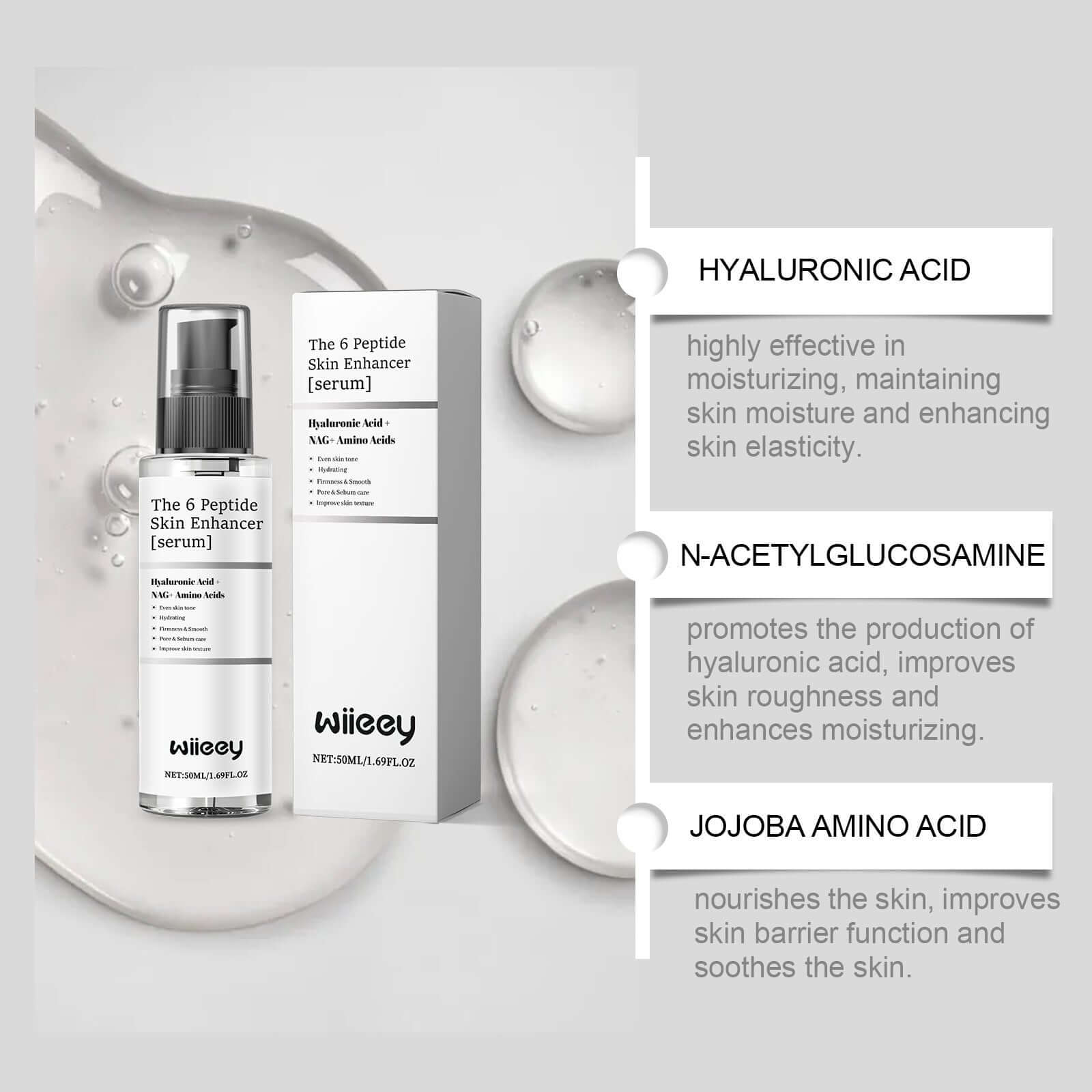Skin Enhancer Serum by Wileey featuring hydrating ingredients: Hyaluronic Acid, N-acetylglucosamine, Jojoba Amino Acid.