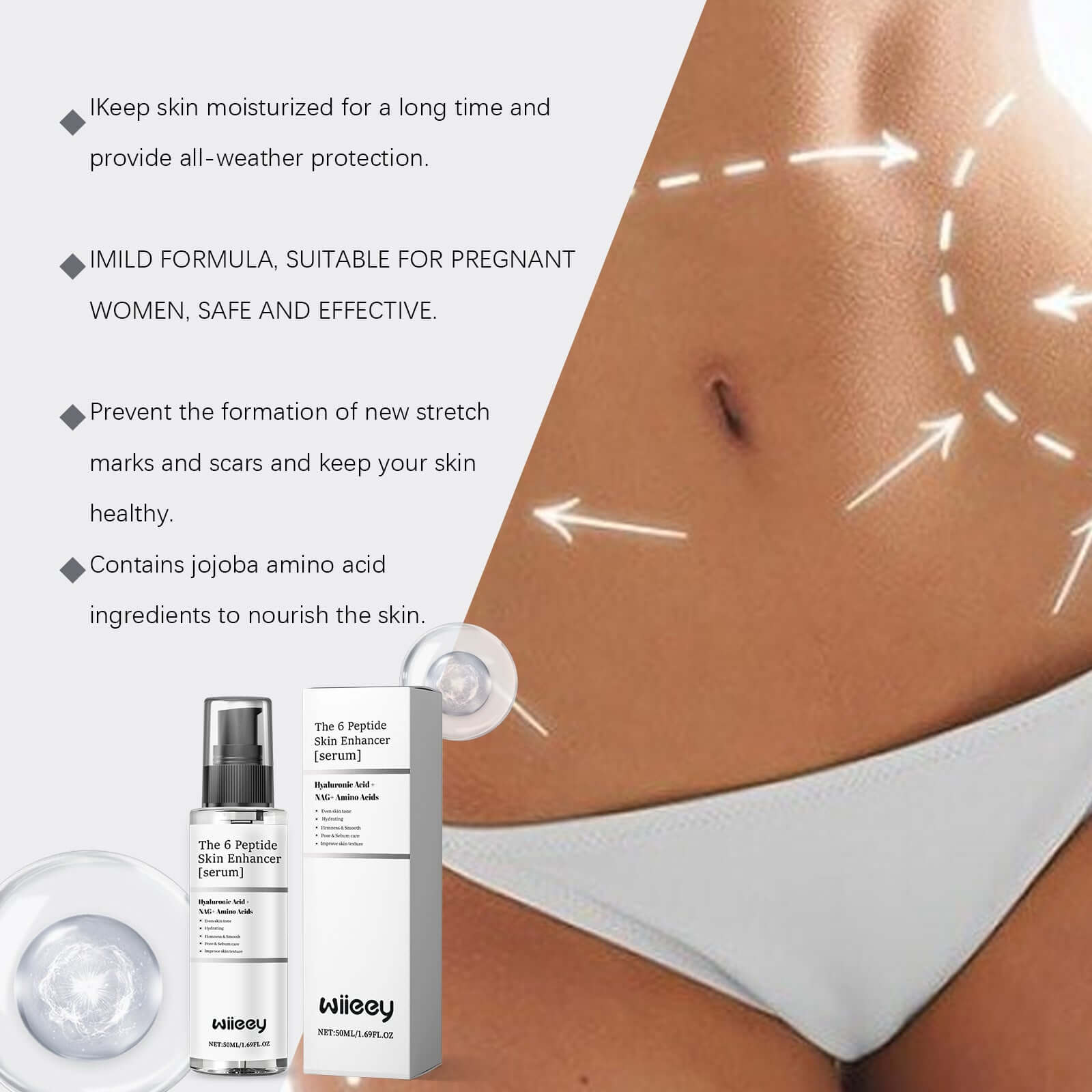 Skin Enhancer Serum with jojoba amino acids, promotes hydration, prevents scars, suitable for pregnant women.