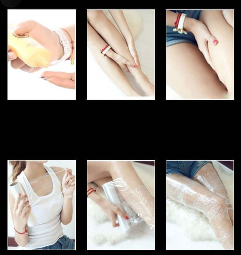 Demonstration of applying slimming cream and using plastic wrap for effective body lifting treatment.