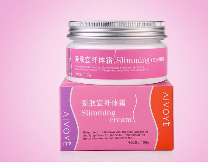Slimming cream in a jar and box, designed for body shaping and firming skin while promoting fat burning and smooth texture.