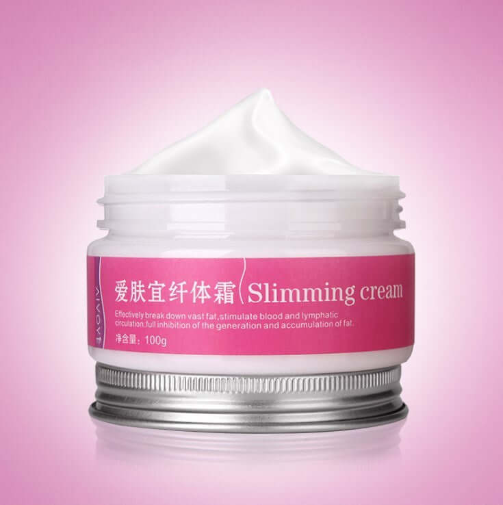Slimming cream jar for body shaping, firming, and smooth skin, enhances fat burning and circulation.
