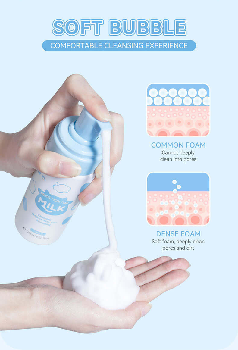 Image showing hands using a 120ml pore cleaning product, demonstrating soft bubble foam for deep cleaning.
