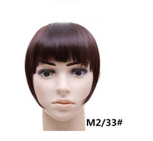 Synthetic hair bangs hairpiece on a mannequin head, showcasing straight texture and dark brown color M2/33#.