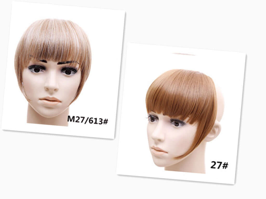 Two synthetic hair bangs hairpieces displayed on mannequins, showcasing different styles and shades.
