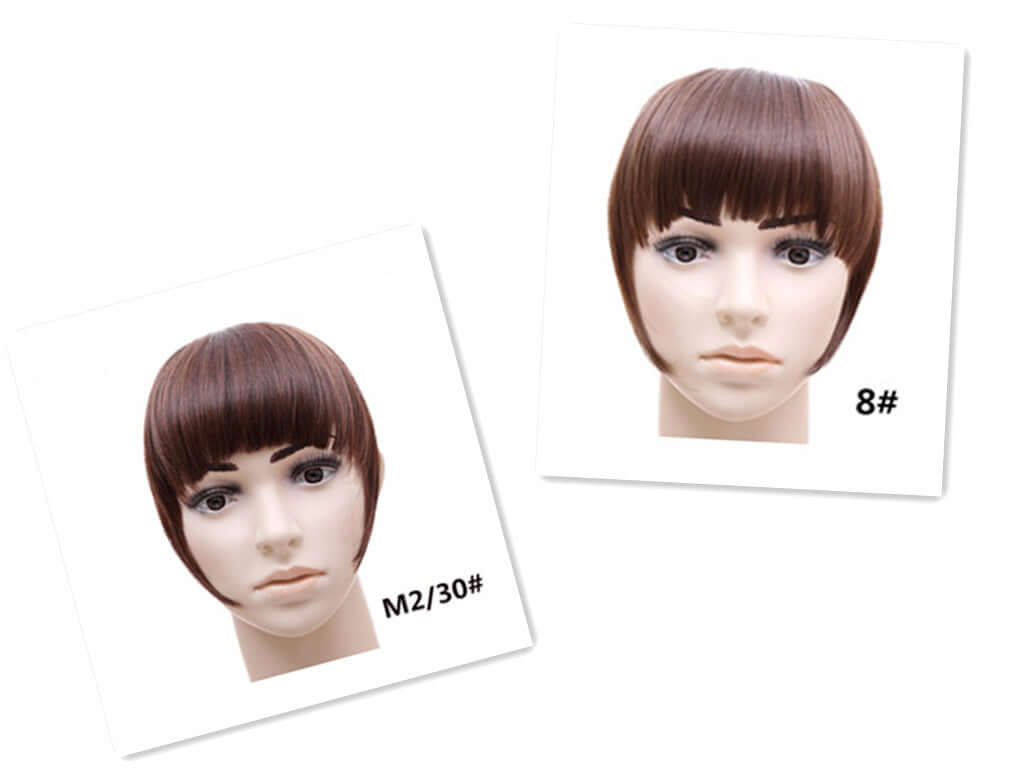 Two synthetic hair bangs hairpieces displayed on a mannequin, showcasing different shades and styles.