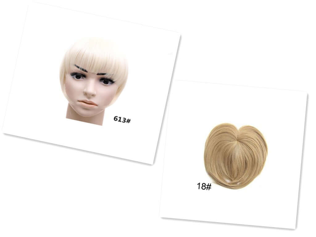 Synthetic hair bangs accessories displayed on a mannequin, showcasing two styles: 613# and 18# for versatile hairstyles.