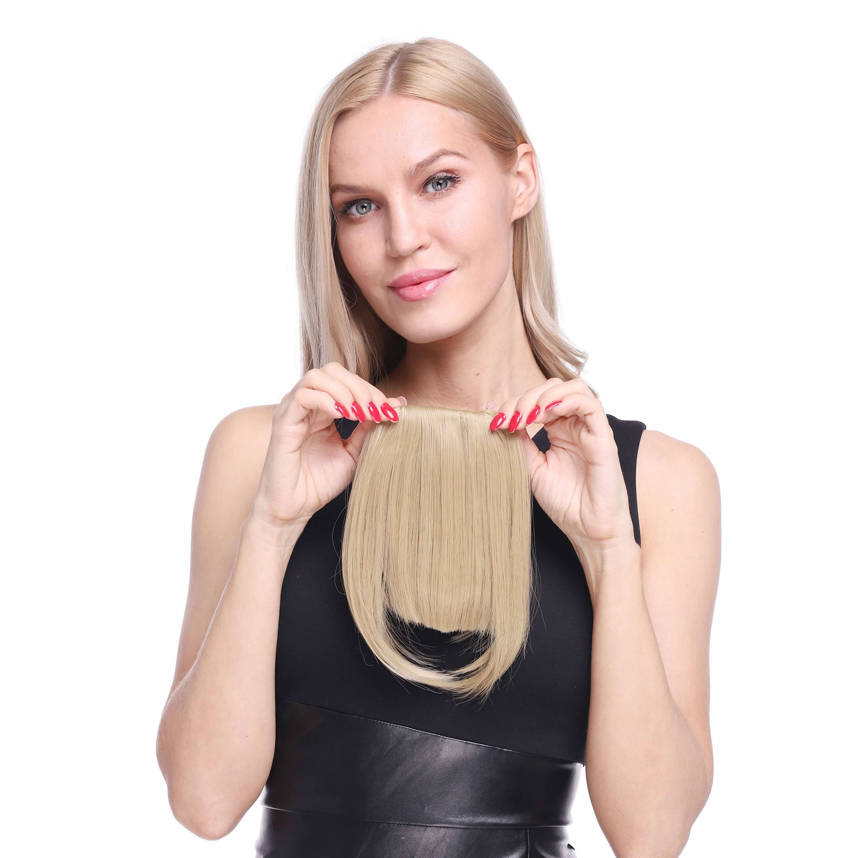 Woman demonstrating synthetic hair bangs hairpiece, 22cm straight length, easy to apply and portable hair accessory.