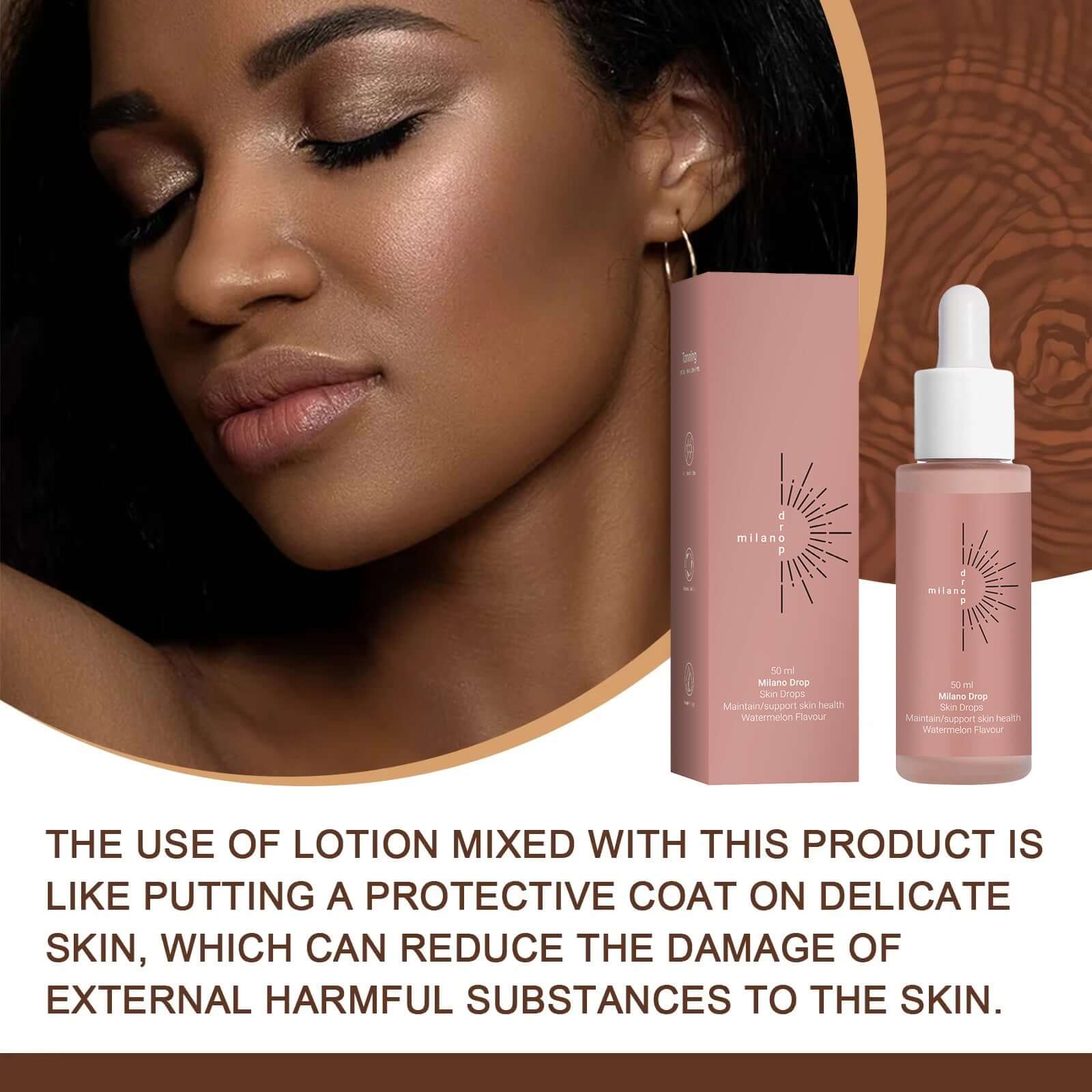 Model showcasing a tanning face serum in a pink bottle, emphasizing skin protection and repair for delicate skin.