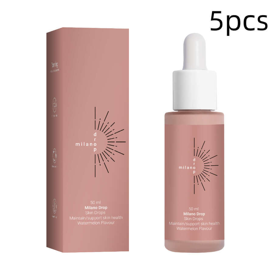 Tanning face serum in a 50ml bottle with a dropper for self-tanning and fine line repair, featuring watermelon flavor.