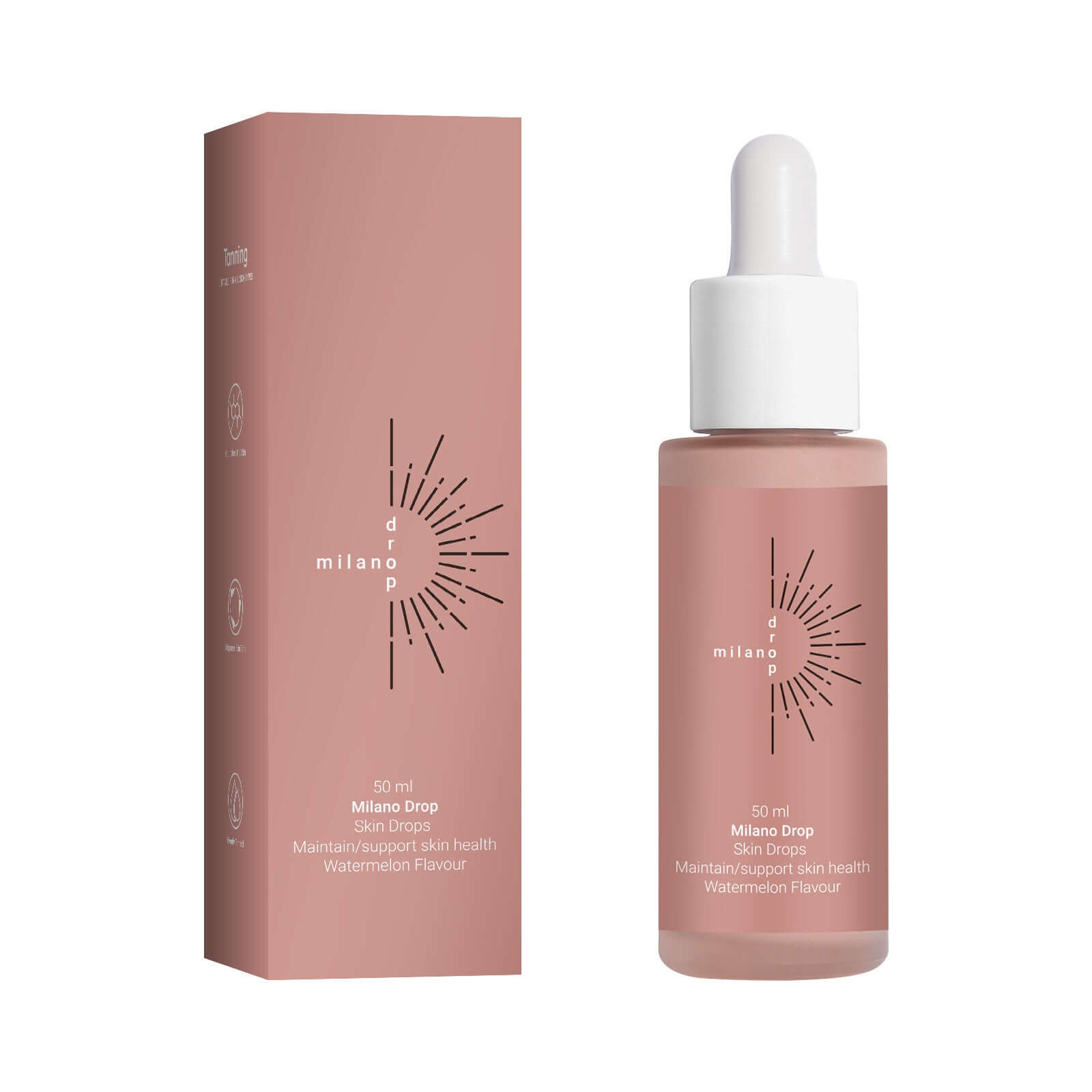 Tanning face serum in pink bottle with dropper, 50ml, designed for fine line repair and enhanced skin health.