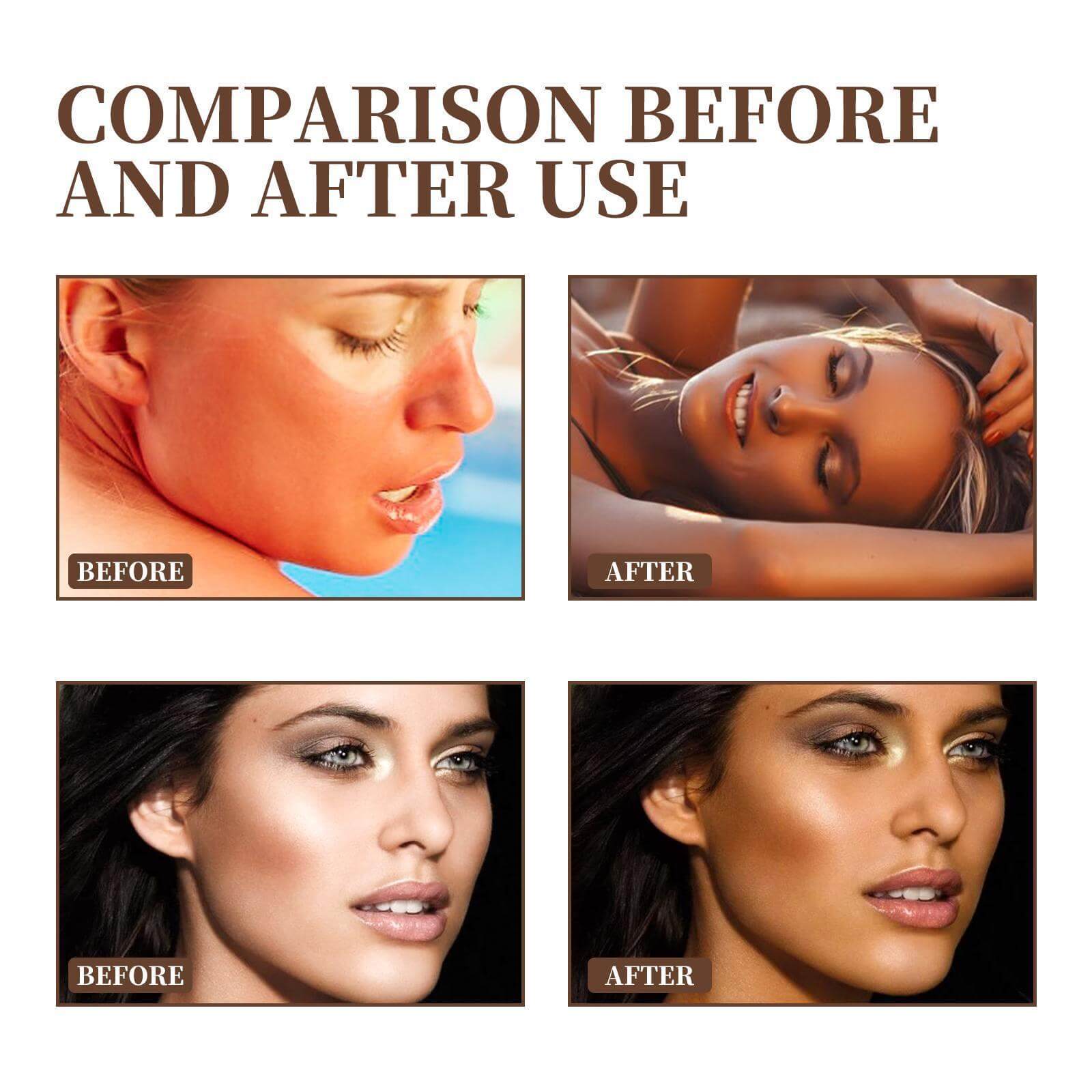 Before and after comparison of tanning skin care cream effect on skin tone and radiance.