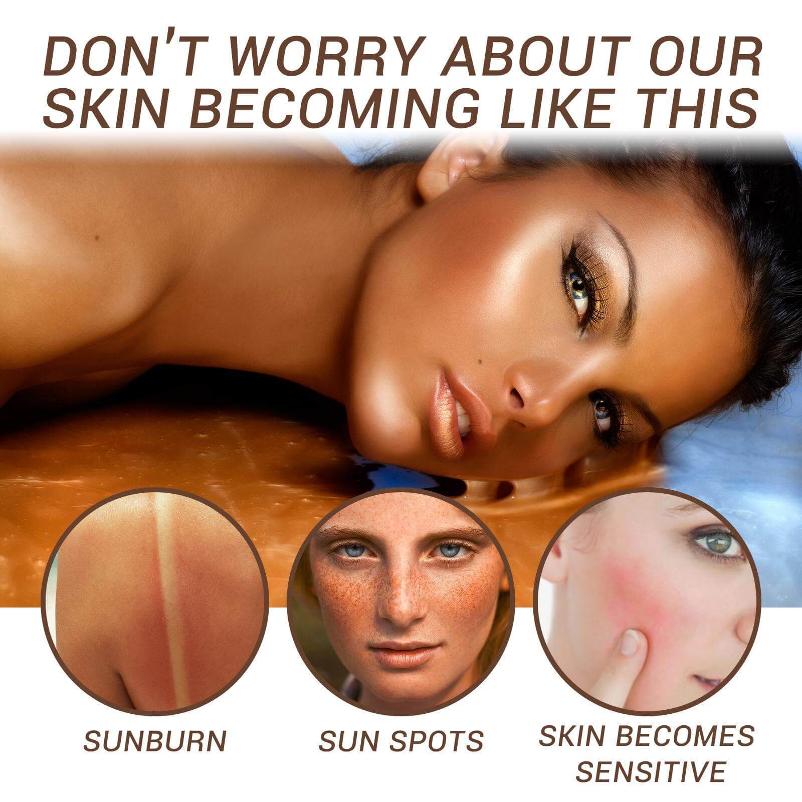 Woman with glowing tan and images of sunburn, sun spots, and sensitive skin, promoting effective tanning skin care.