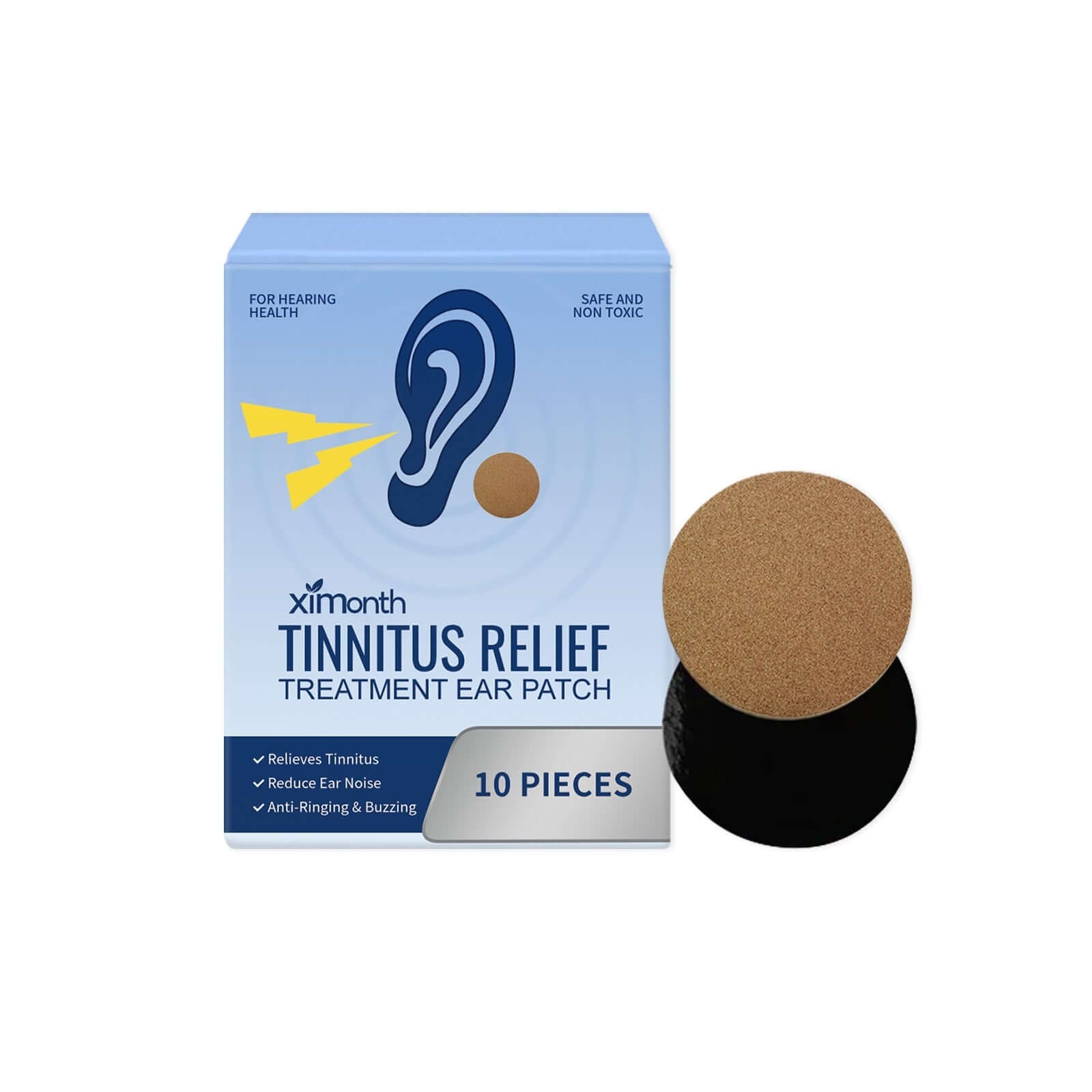 Tinnitus treatment patch box containing 10 pieces for relieving ear noise and buzzing, safe and non-toxic.