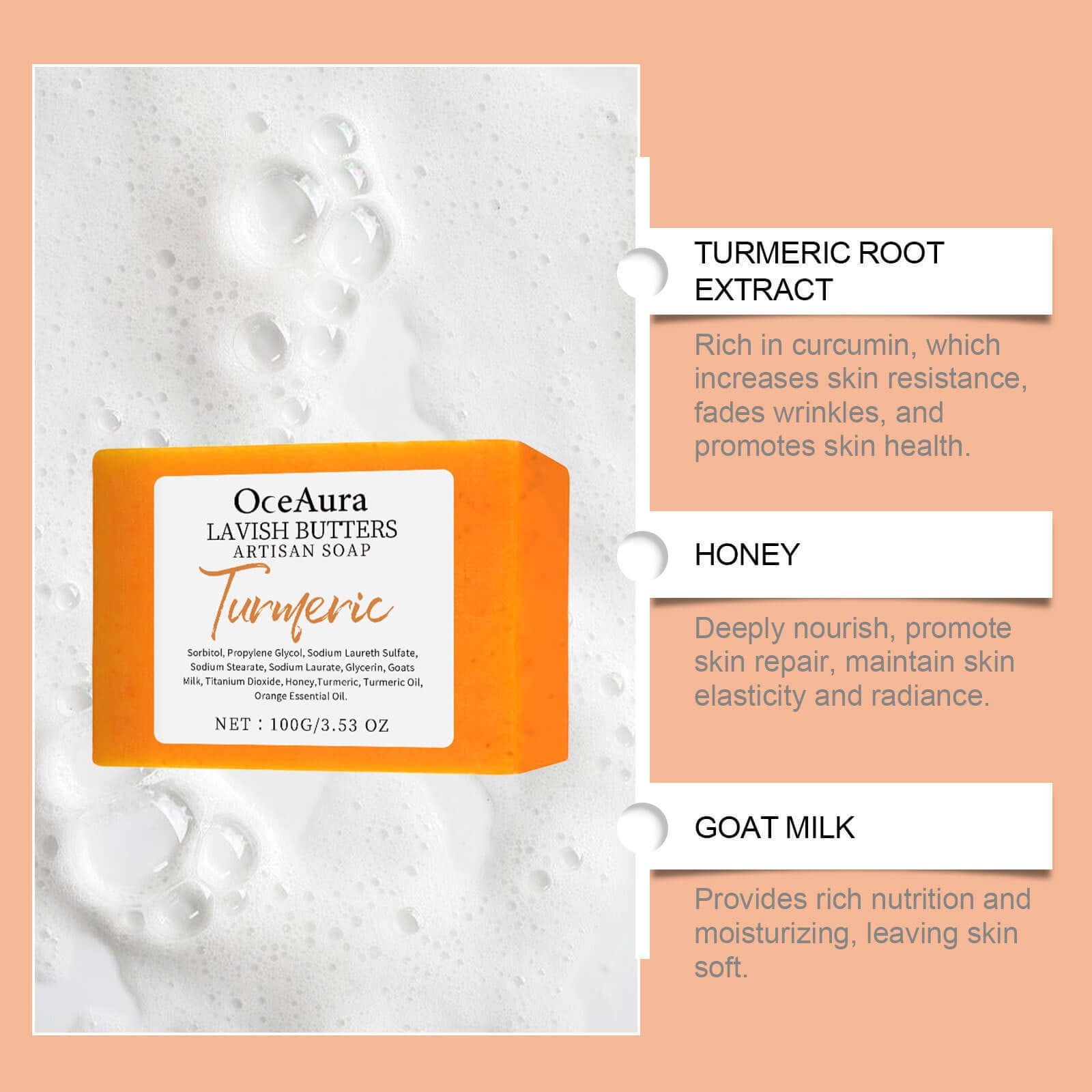 Turmeric skincare soap bar with goat milk and honey on a textured background, promoting moisturization and skin health.