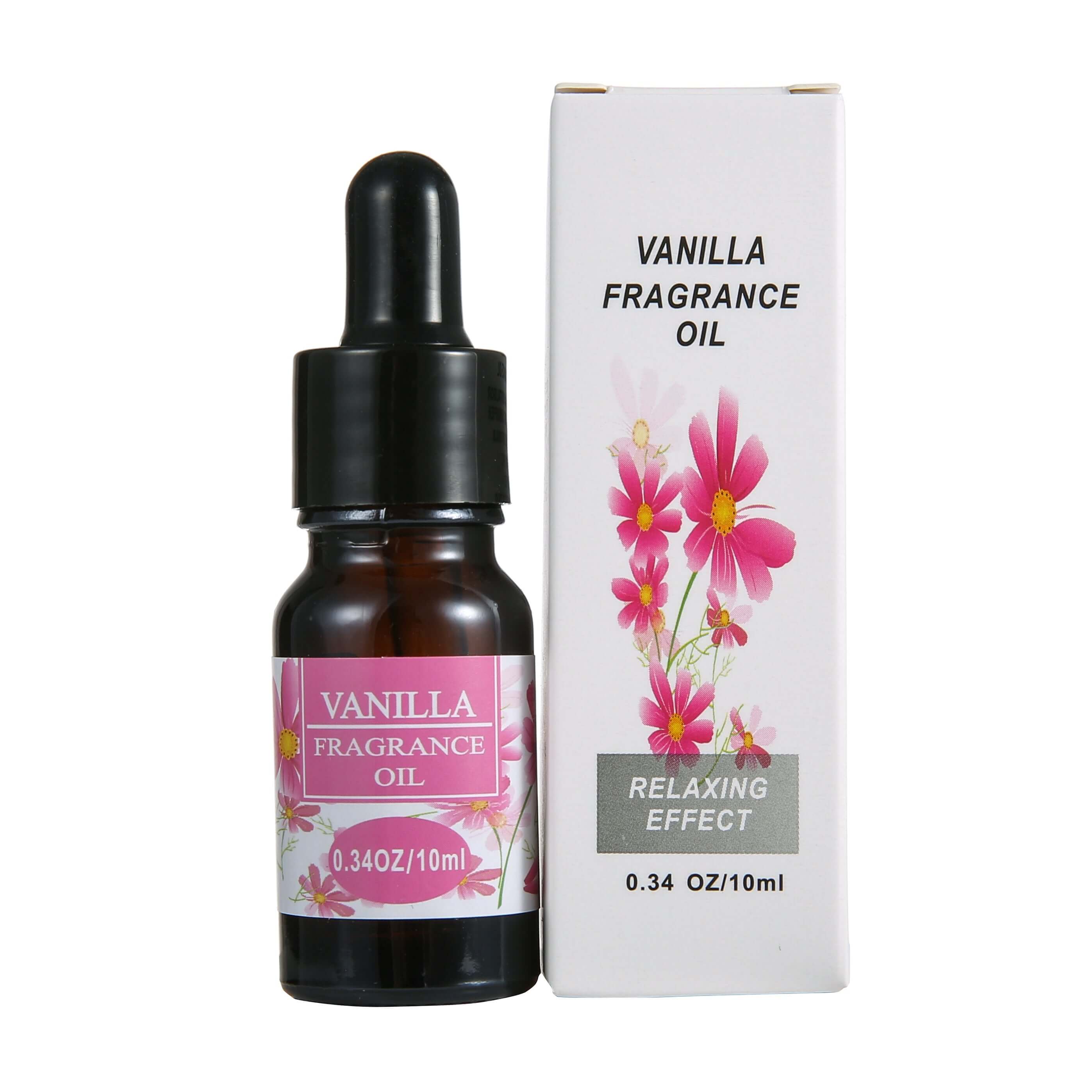 Vanilla fragrance oil for aromatherapy, 10ml bottle, promotes relaxation and soothing atmosphere.