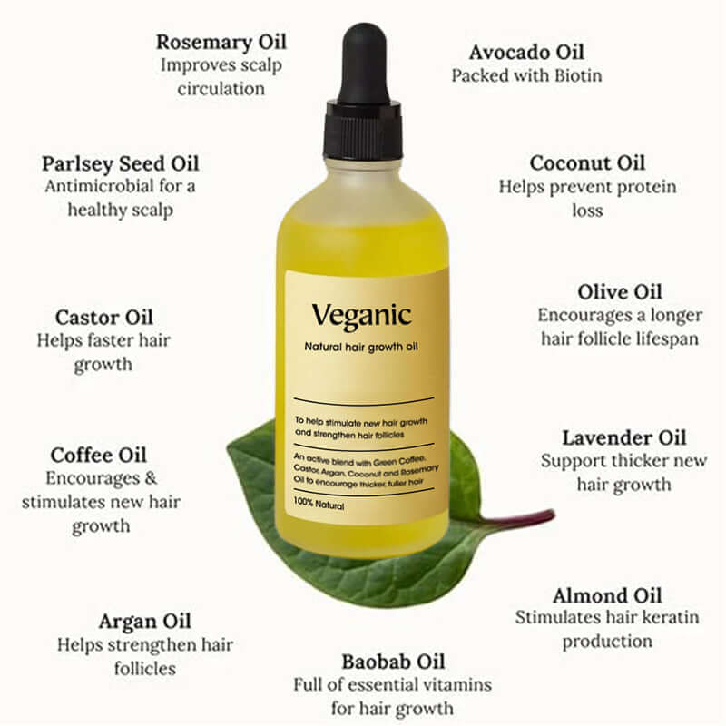 Veganic natural hair growth oil with essential oils for healthier hair and scalp solutions.