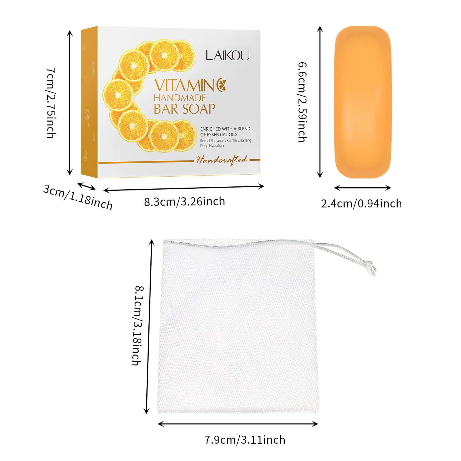 Vitamin C handmade turmeric soap packaging with dimensions, moisturizing effects, and included mesh bag.