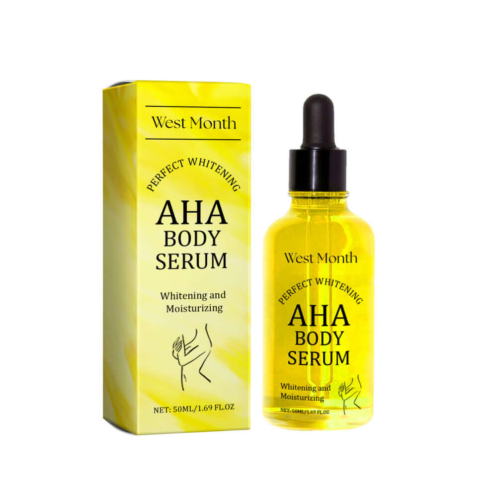 Whitening AHA Body Serum by West Month in yellow packaging for moisturizing and brightening skin.