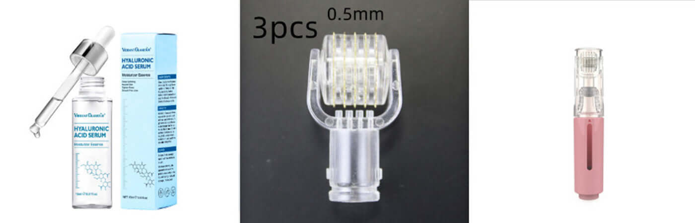 Hydrating hyaluronic acid serum and microneedling pen for skin therapy and rejuvenation, ideal for improving skin texture.