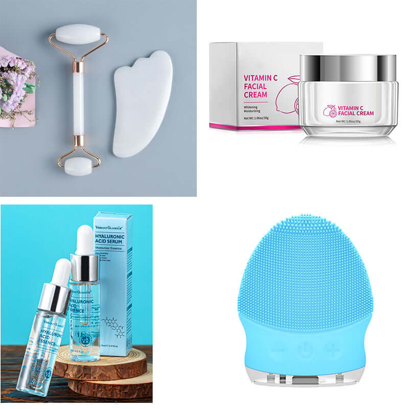Skincare products for hydration and radiance: Vitamin C cream, hyaluronic acid serum, facial roller, cleansing device.